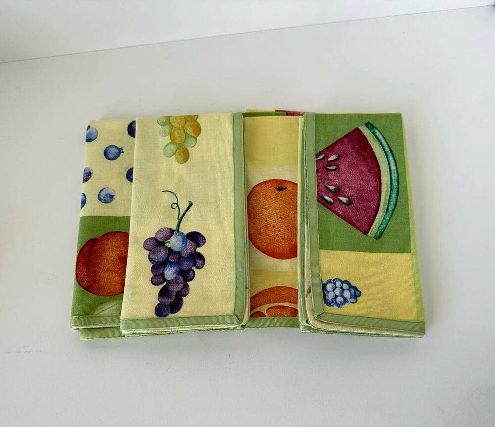 Fruit Print Napkins, Banana Watermelon Strawberry Cherry table linens set of 4
